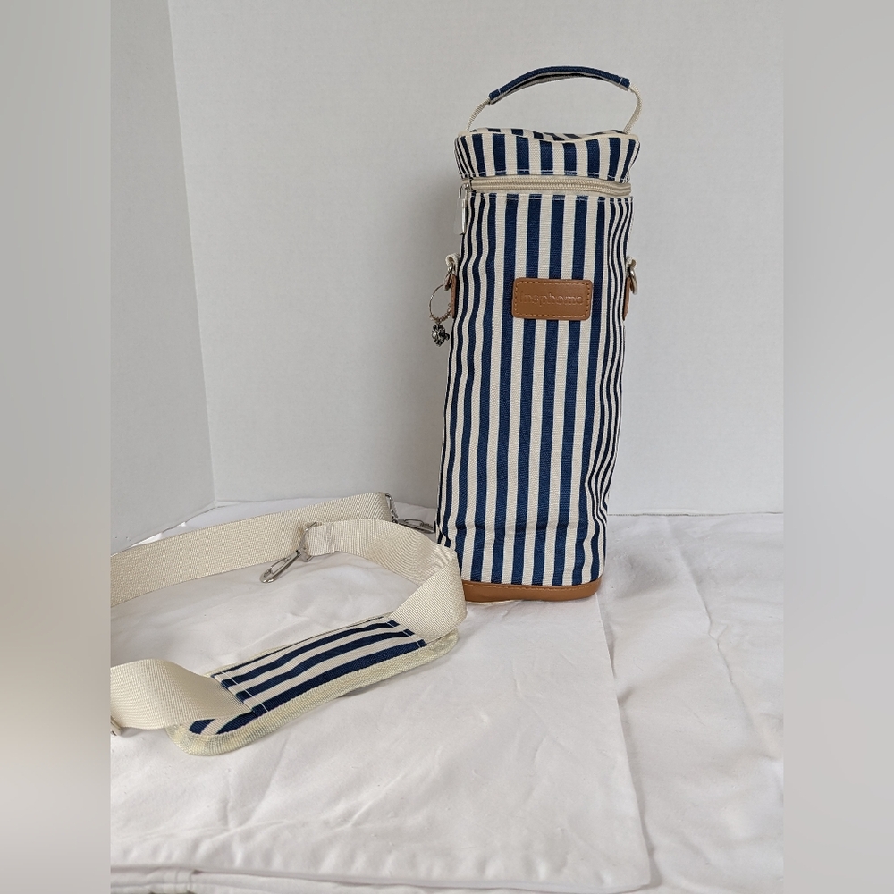 Insulated Wine(Bottle) Carrier Canvas,Blue&White Fabric Detachable Strap